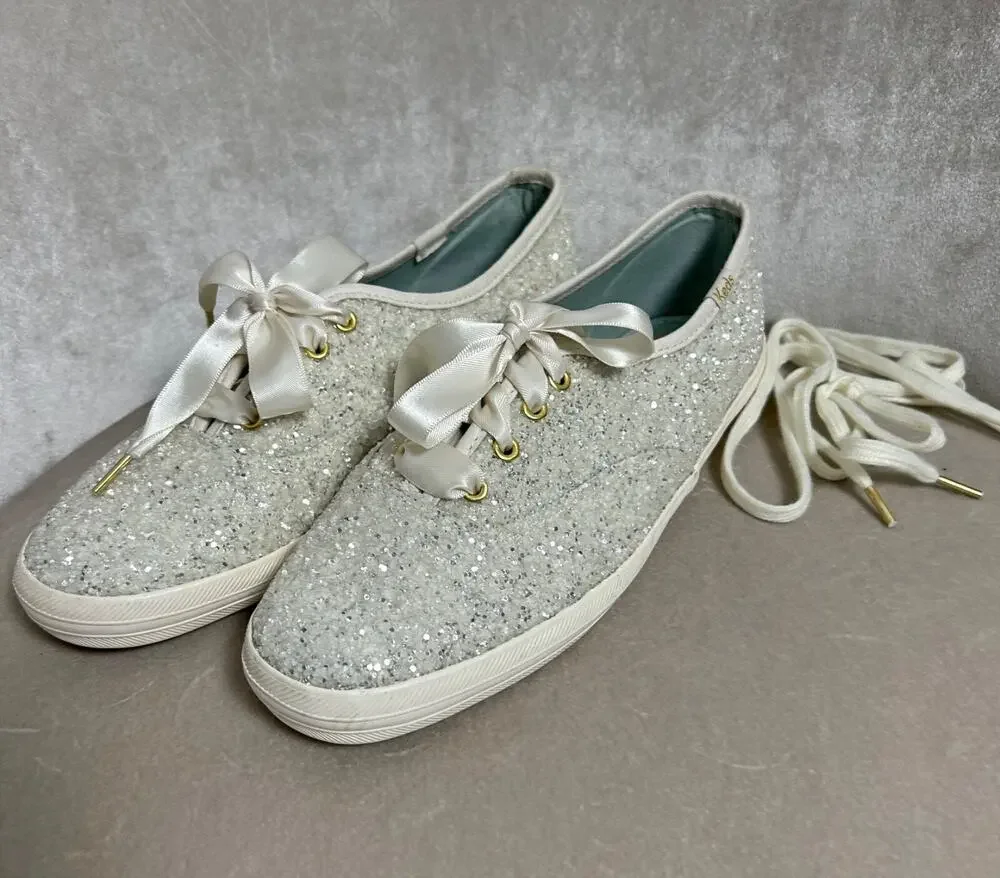 NEW! Keds X Kate Spade New York Champion White Glitter Sneakers w/ Ribbon, 6.5